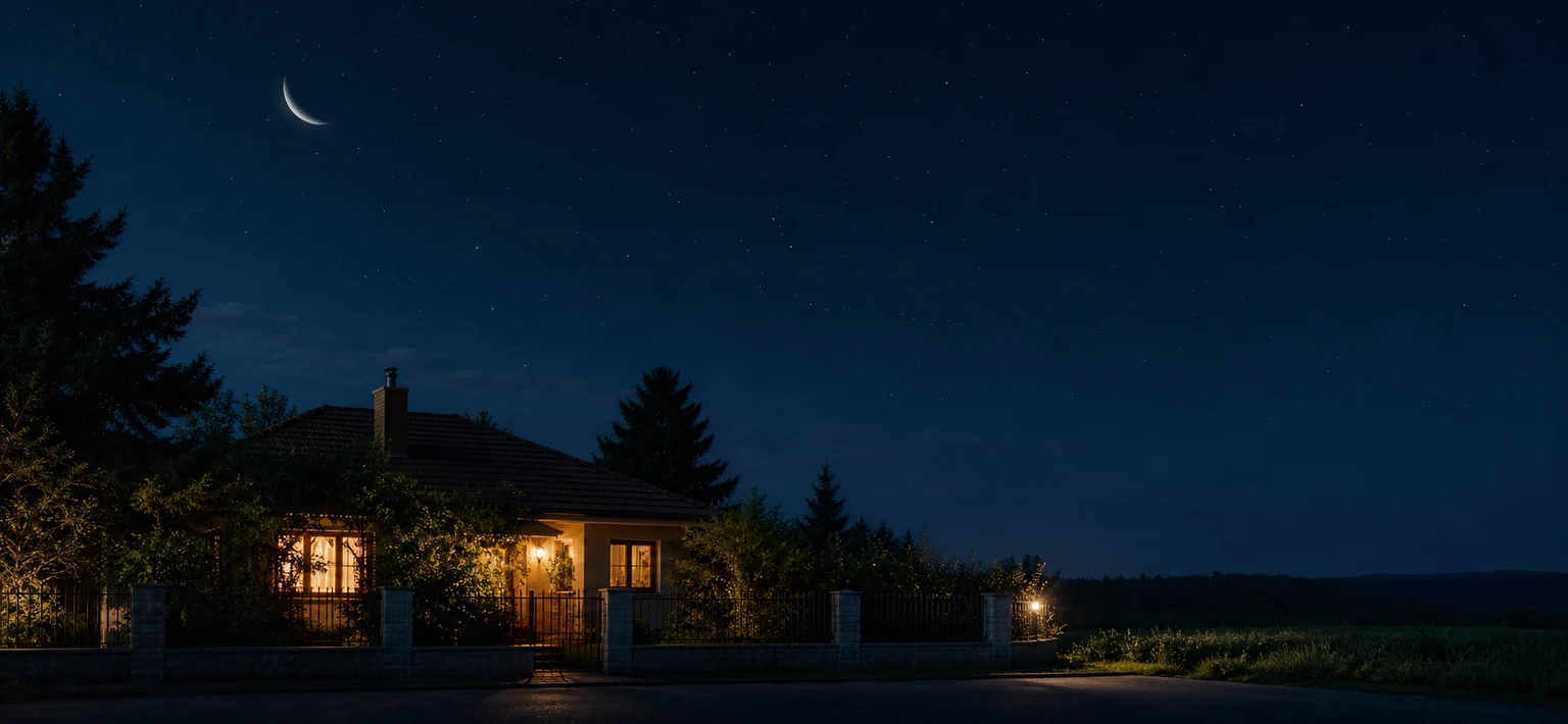 A warmly lit house beneath a star-filled night sky
