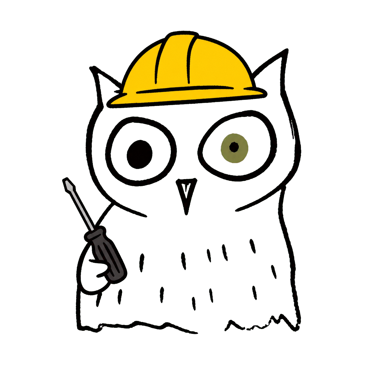 Vigil owl wearing a construction helmet and holding a screwdriver